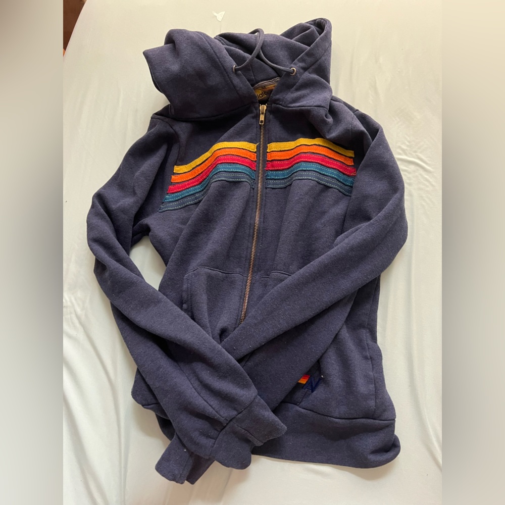 Aviator Nation Navy Hoodie with Rainbow Stripes